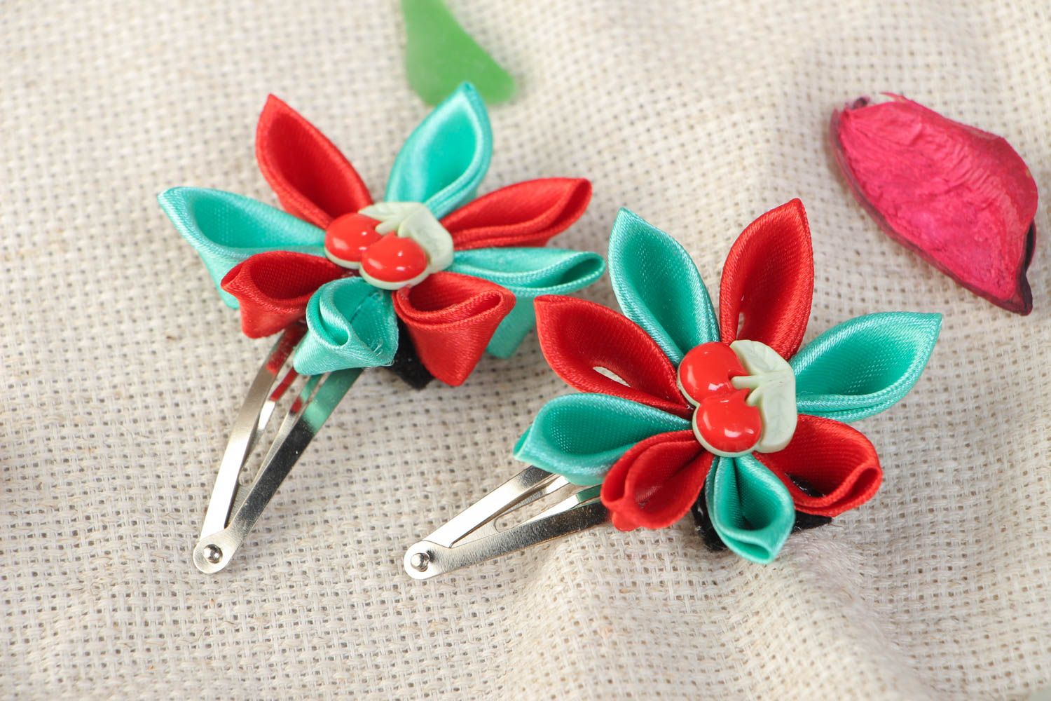 Set of 2 handmade satin hair clips with kanzashi flowers and cherries for girls photo 1