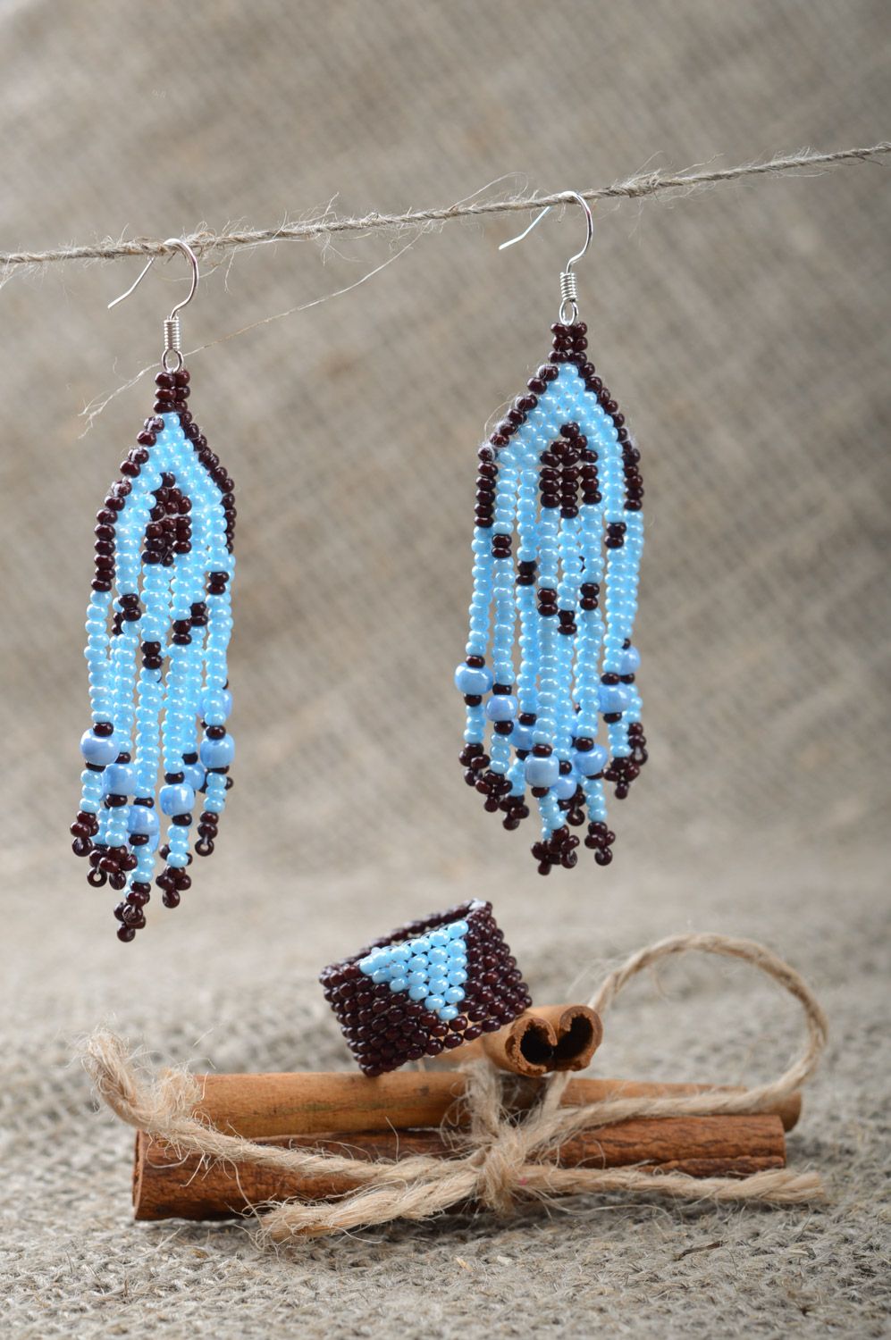 Handmade designer women's beaded jewelry set 2 items earrings and ring Blue and Black photo 1