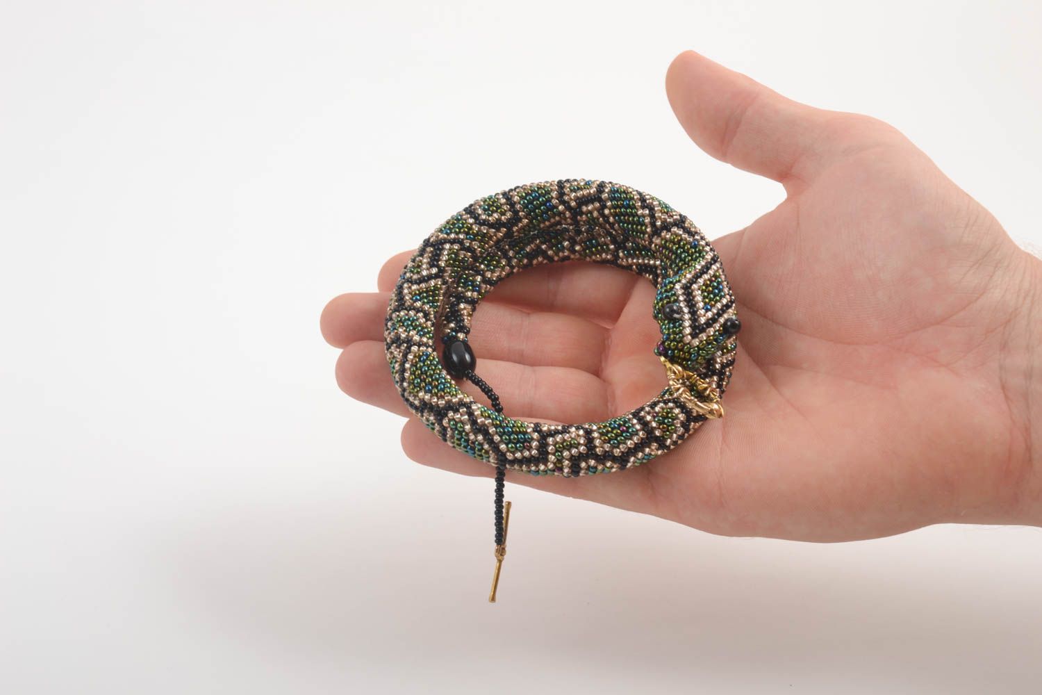 Handmade snake shape wrist beaded cord bracelet in dark green color for women  photo 5