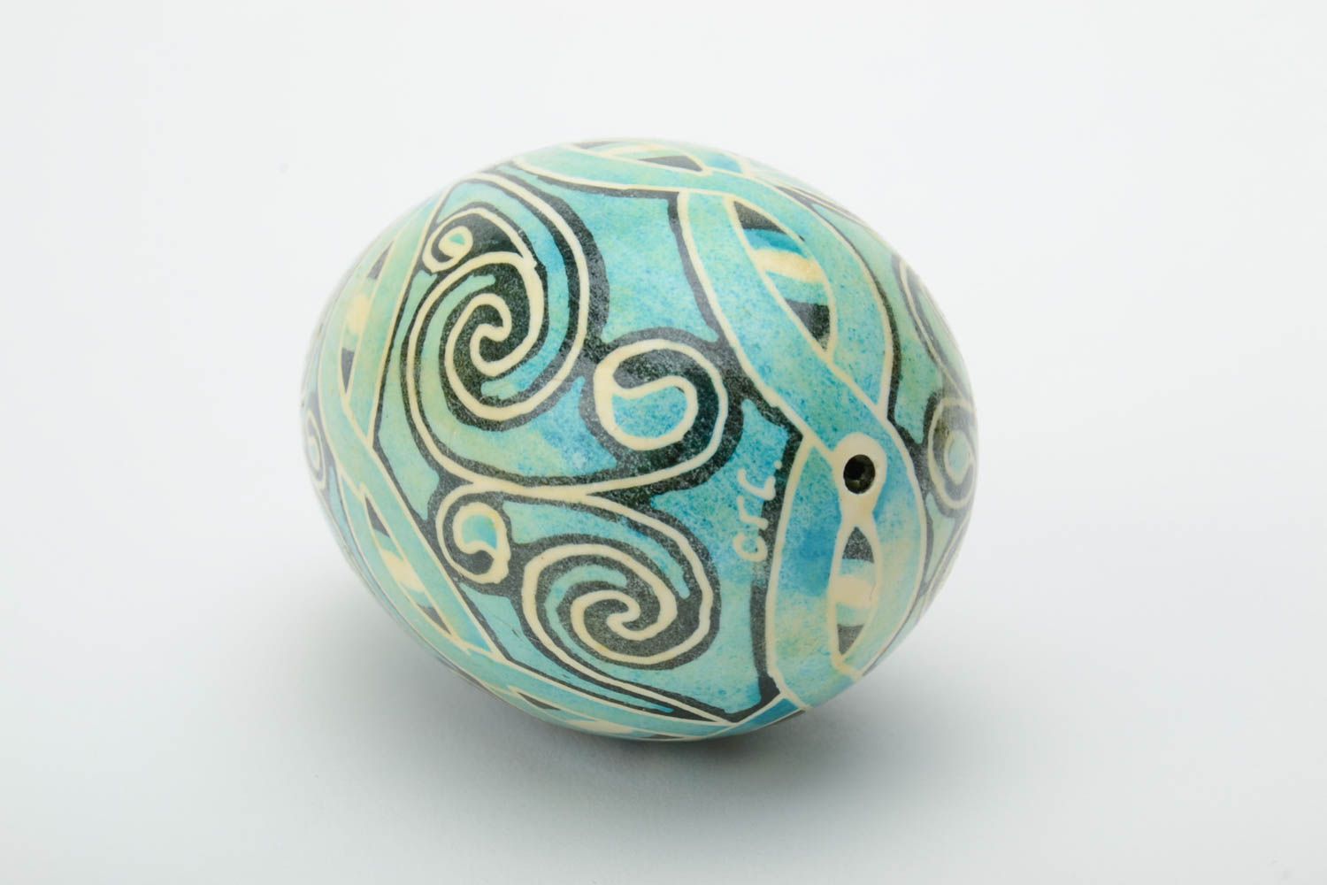 Handmade traditional painted decorative Easter goose egg of turquoise color photo 4