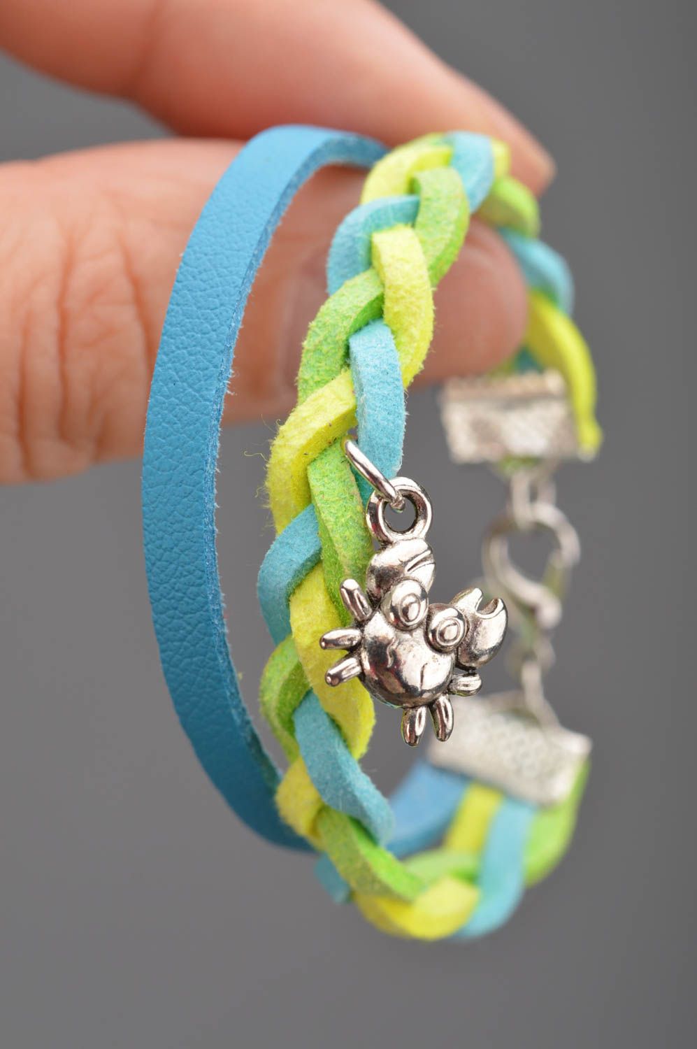 Handmade designer genuine leather cord wrist bracelet blue and yellow with charm photo 2