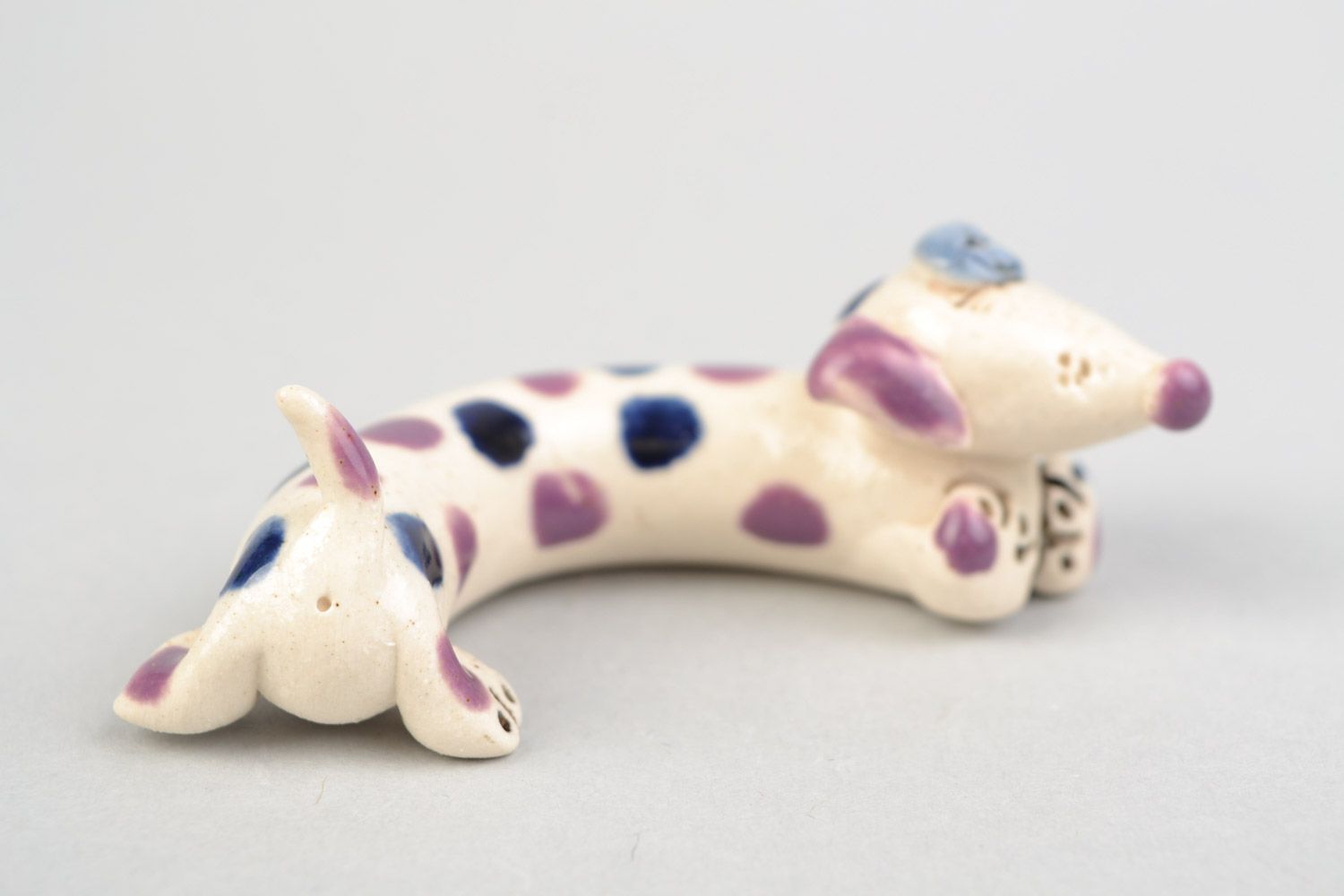 Clay handmade figurine dachshund dog colored with glaze painted with spots photo 5