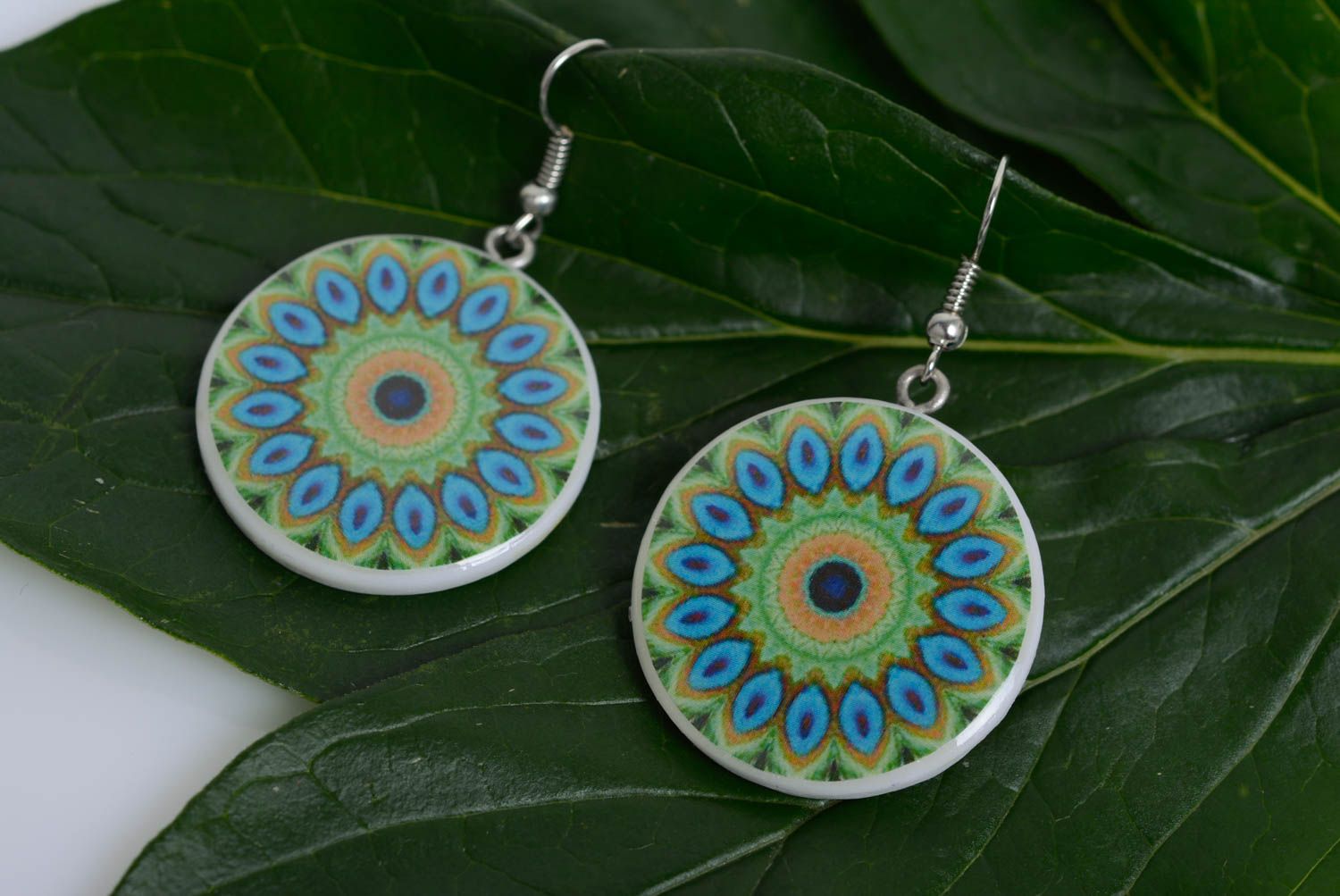 Polymer clay handmade earrings decorated with decoupage blue and green jewelry photo 3