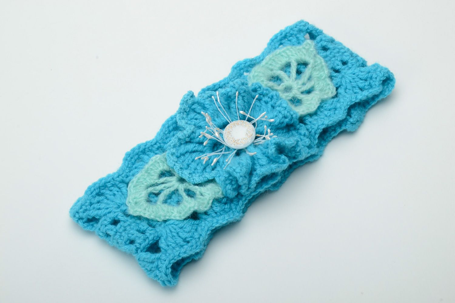 Bandeau pour cheveux bébé tricoté au crochet coton et acrylique fait main bleu  photo 2