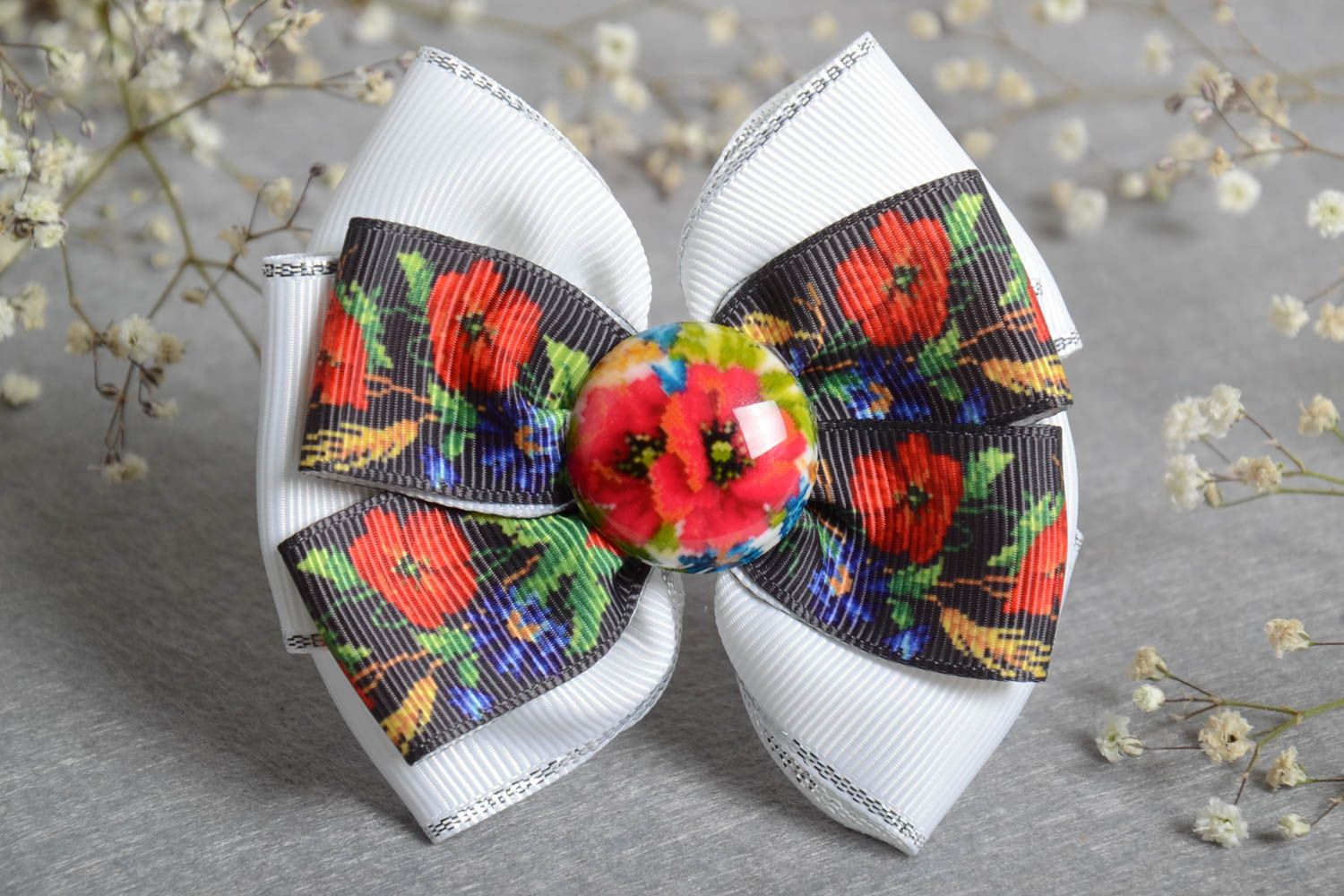 Unusual handmade satin ribbon bow hair clip textile hair bow designer barrette photo 1
