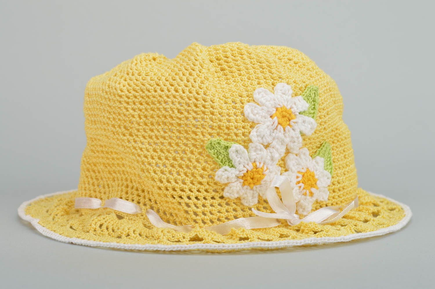 Chapeau au crochet pour enfant été coton fait main jaune avec fleurs ajouré photo 5