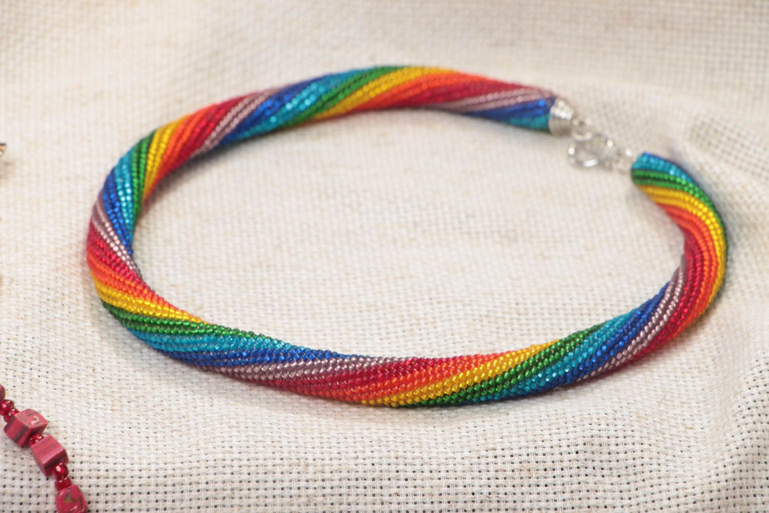 Handmade designer beaded woven cord necklace of rainbow color for women photo 1