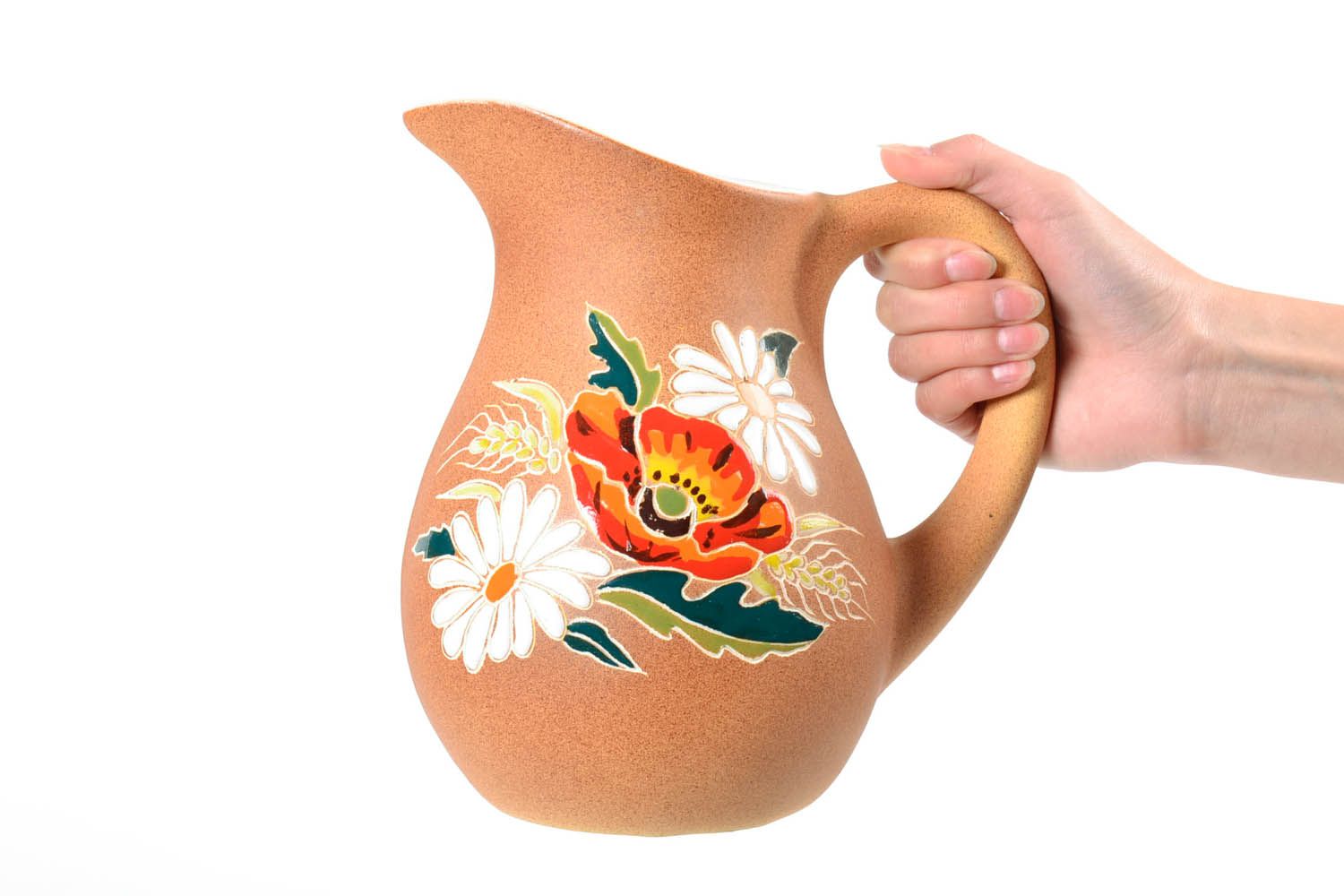 Handmade classic shape ceramic 100 oz water jug with handle and floral pattern 2,5 lb photo 2