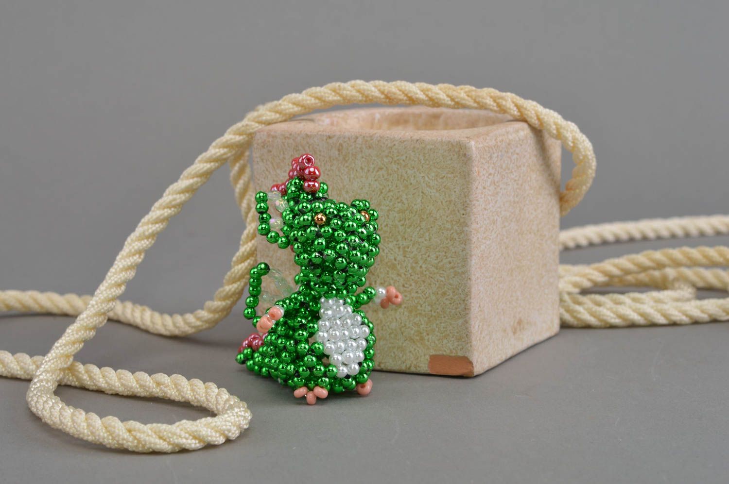 Handmade designer miniature bead woven figurine of green dragon for table decor photo 1