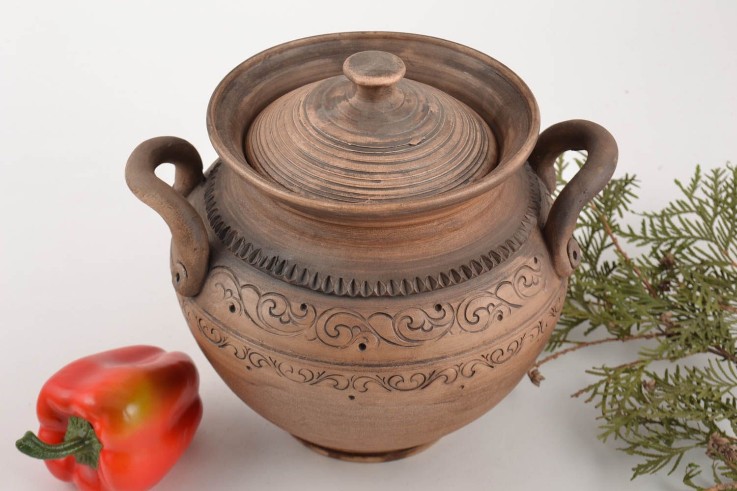 Grand pot en terre cuite avec couvercle et deux anses fait main marron 6 l photo 1