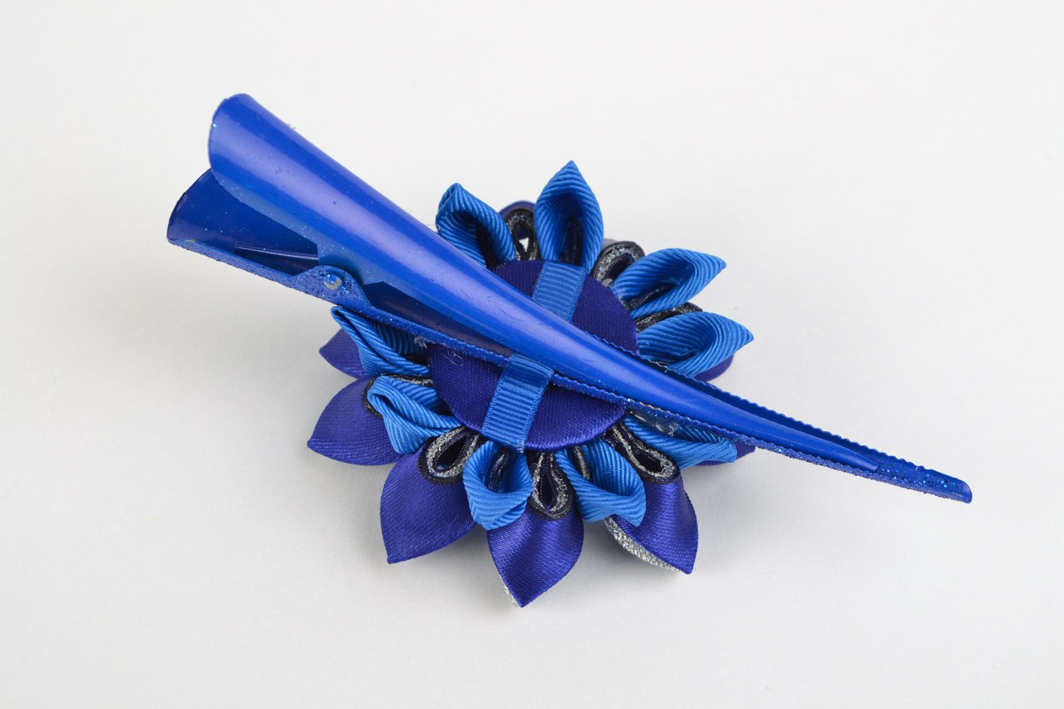 Beautiful blue hair clip hand made of satin brocade and rep ribbons photo 4