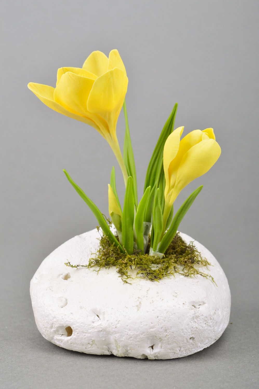 Handmade artificial polymer clay yellow crocus flower on white stone stand photo 3