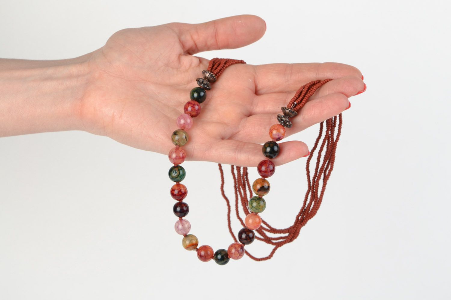 Multi-colored handmade necklace woven of natural stones and Czech beads photo 2