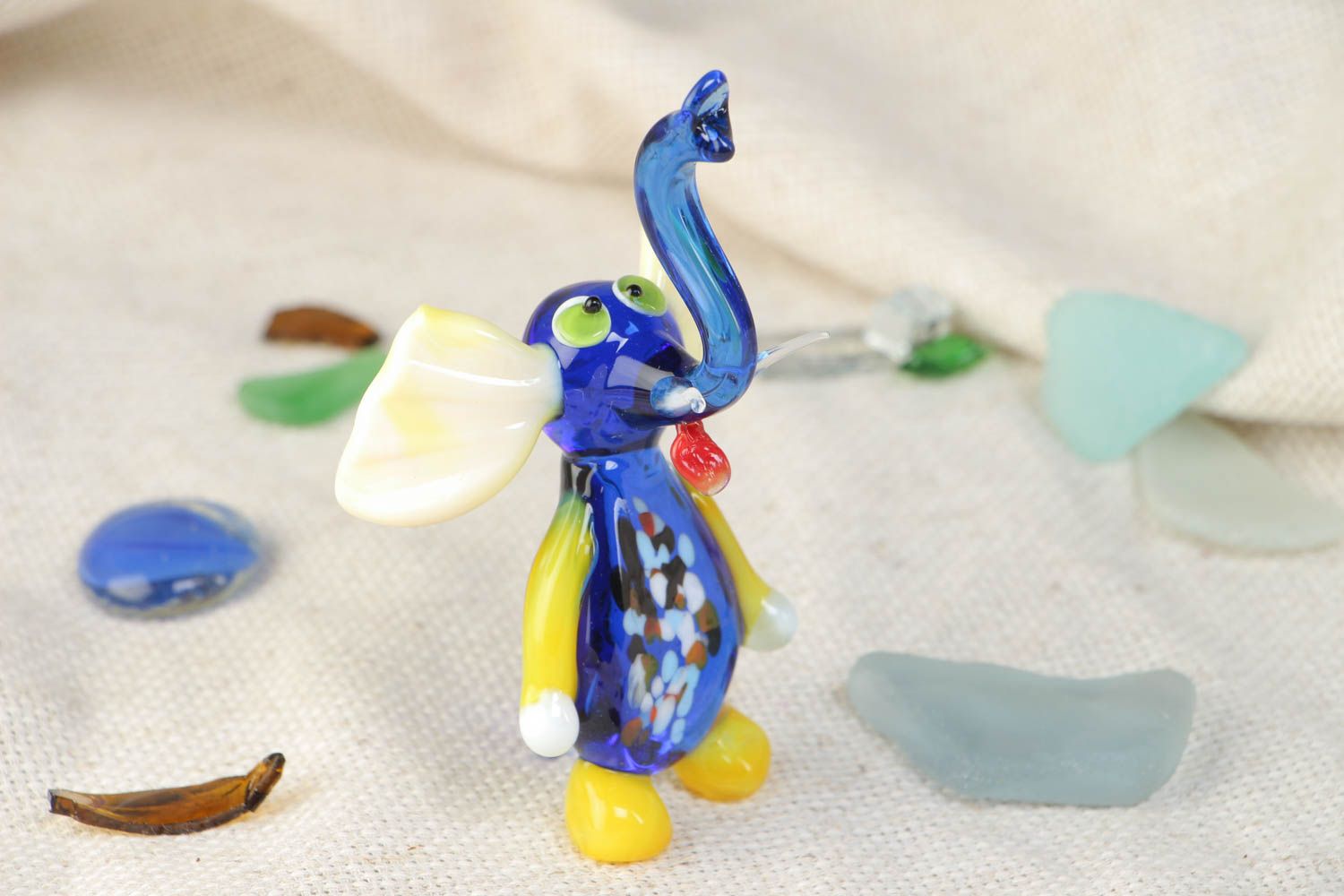 Miniature handmade blue glass lampwork figurine of elephant photo 1