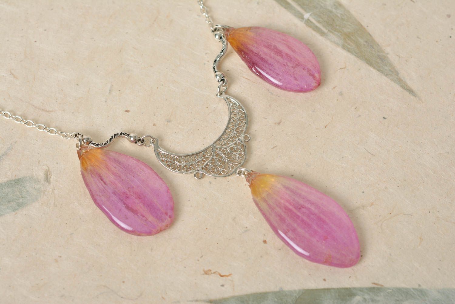 Necklace with epoxy resin with lilac petals pretty unusual handmade accessory photo 3