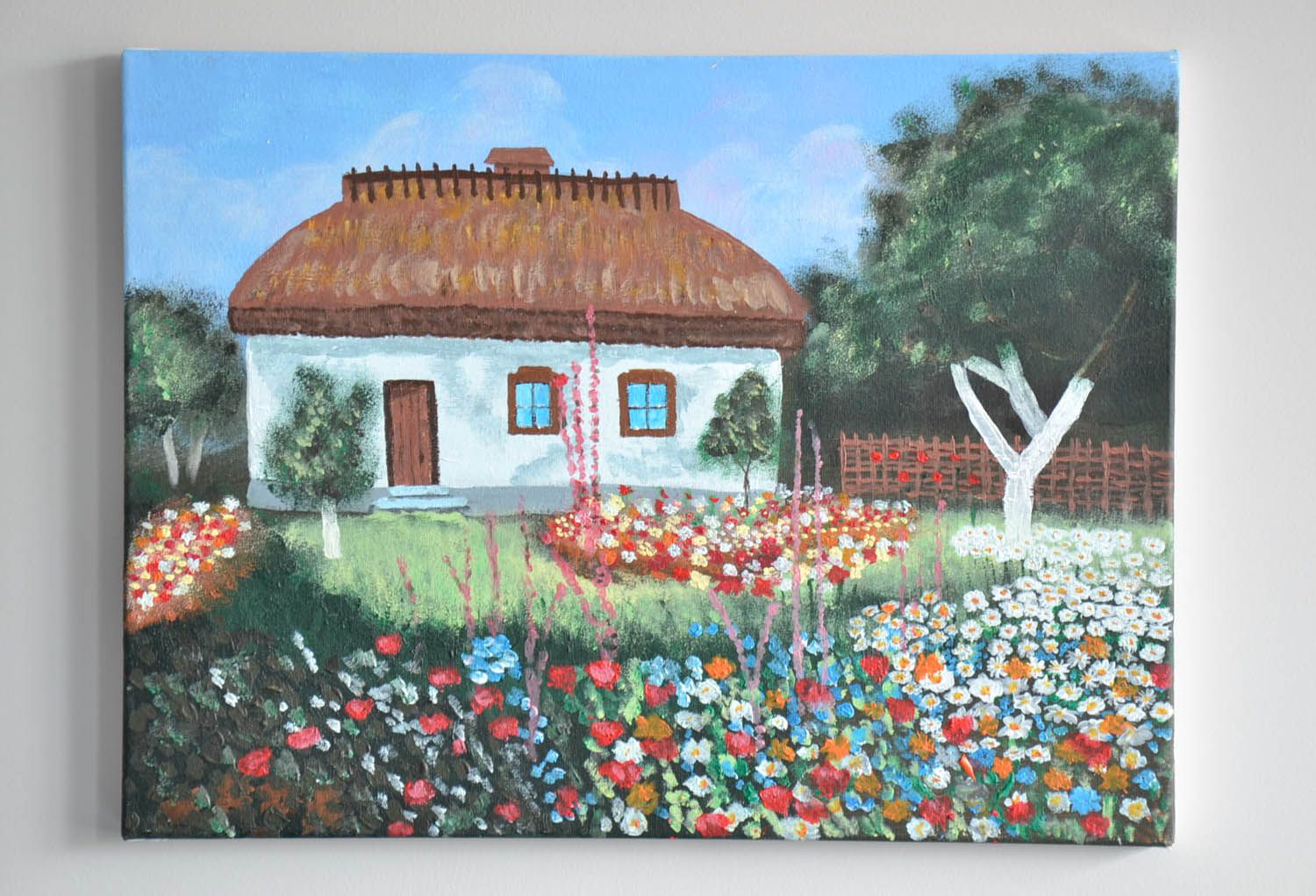Gemälde in Acrylfarben Haus mit einem Garten foto 1