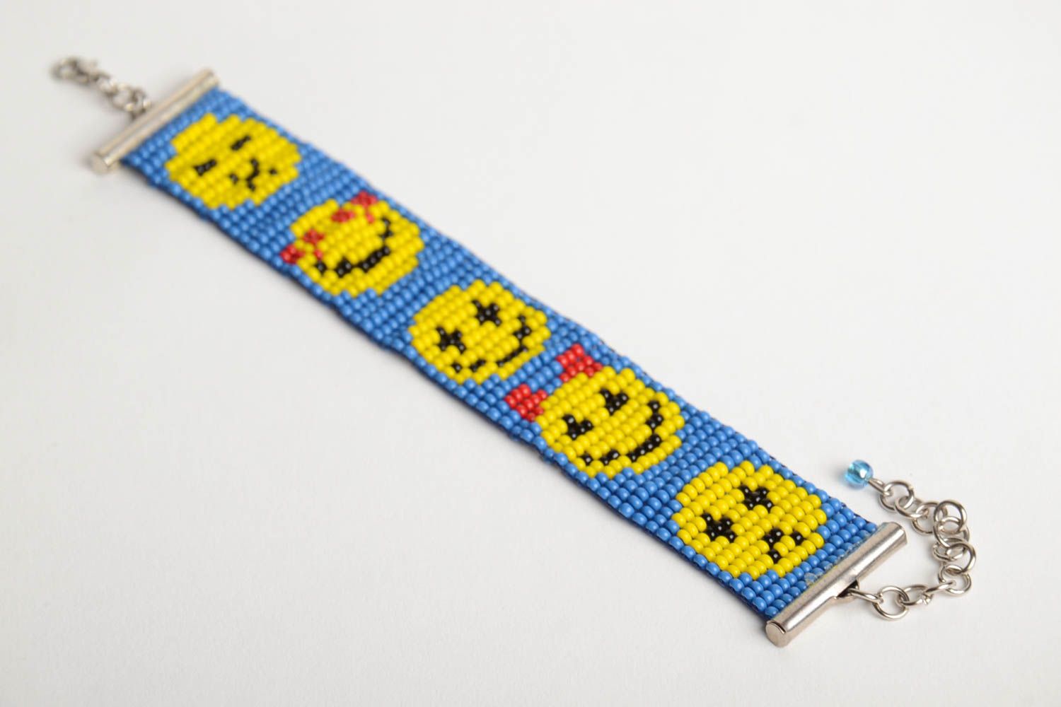 Funny colorful yellow and blue beads woven wrist chain kid's bracelet with a smiley pattern photo 3