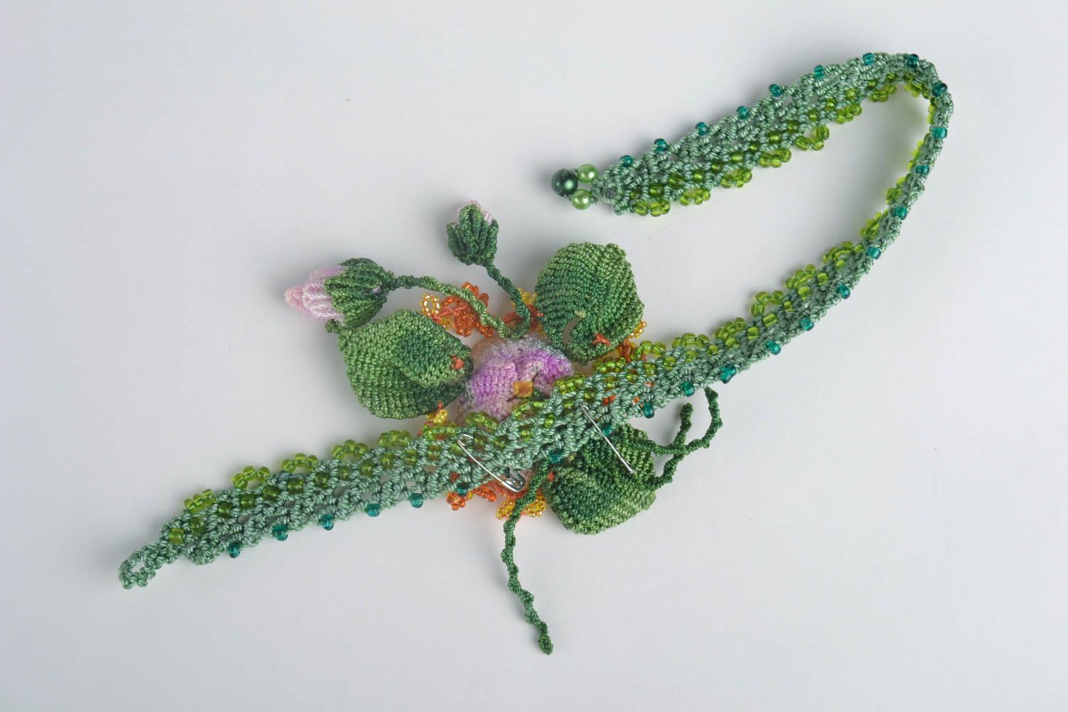 Handmade jewelry set woven lace necklace woven flower brooch beadwork ideas photo 3