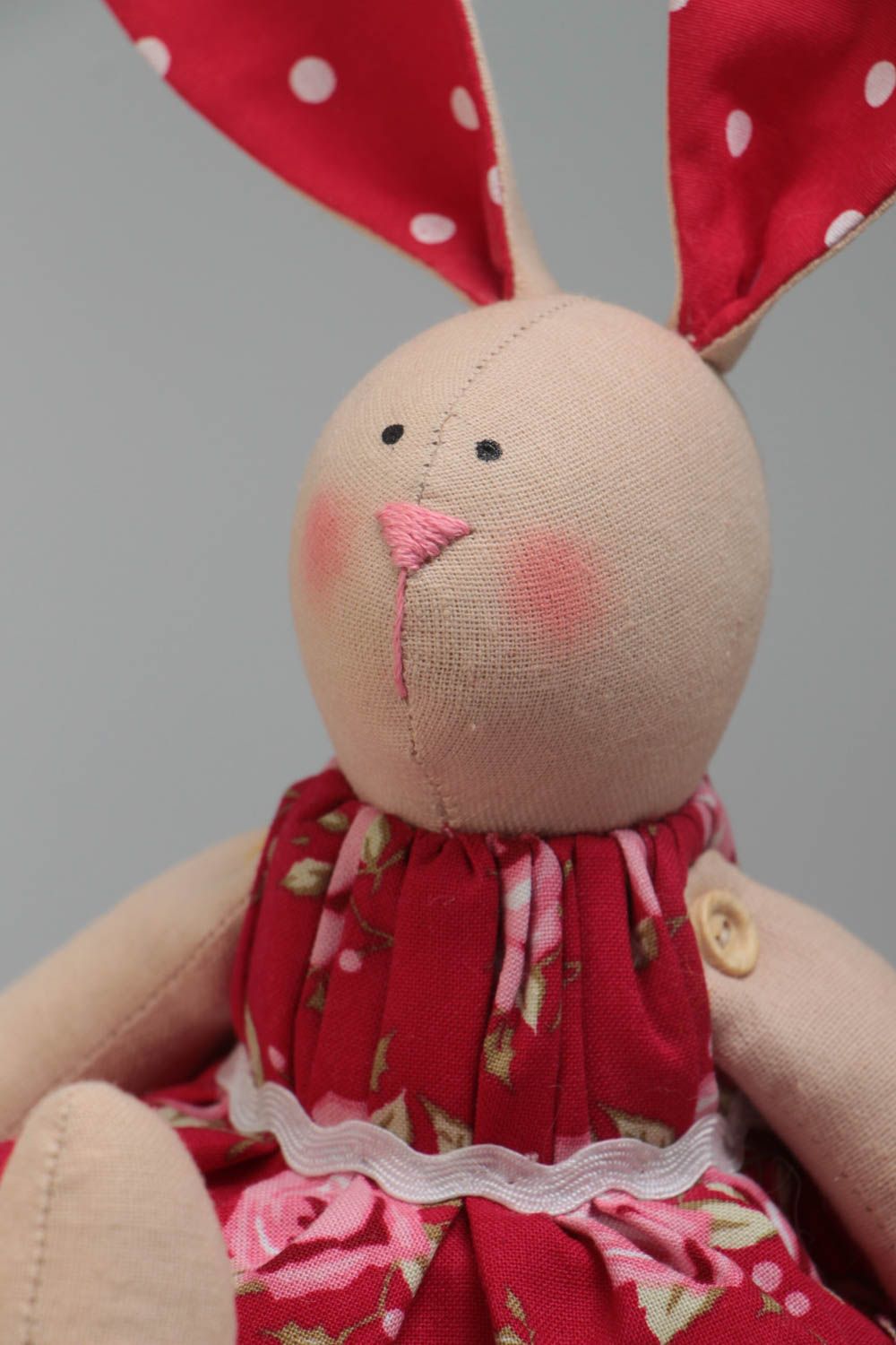 Handmade designer cotton fabric soft toy rabbit girl in dress with red ears photo 3