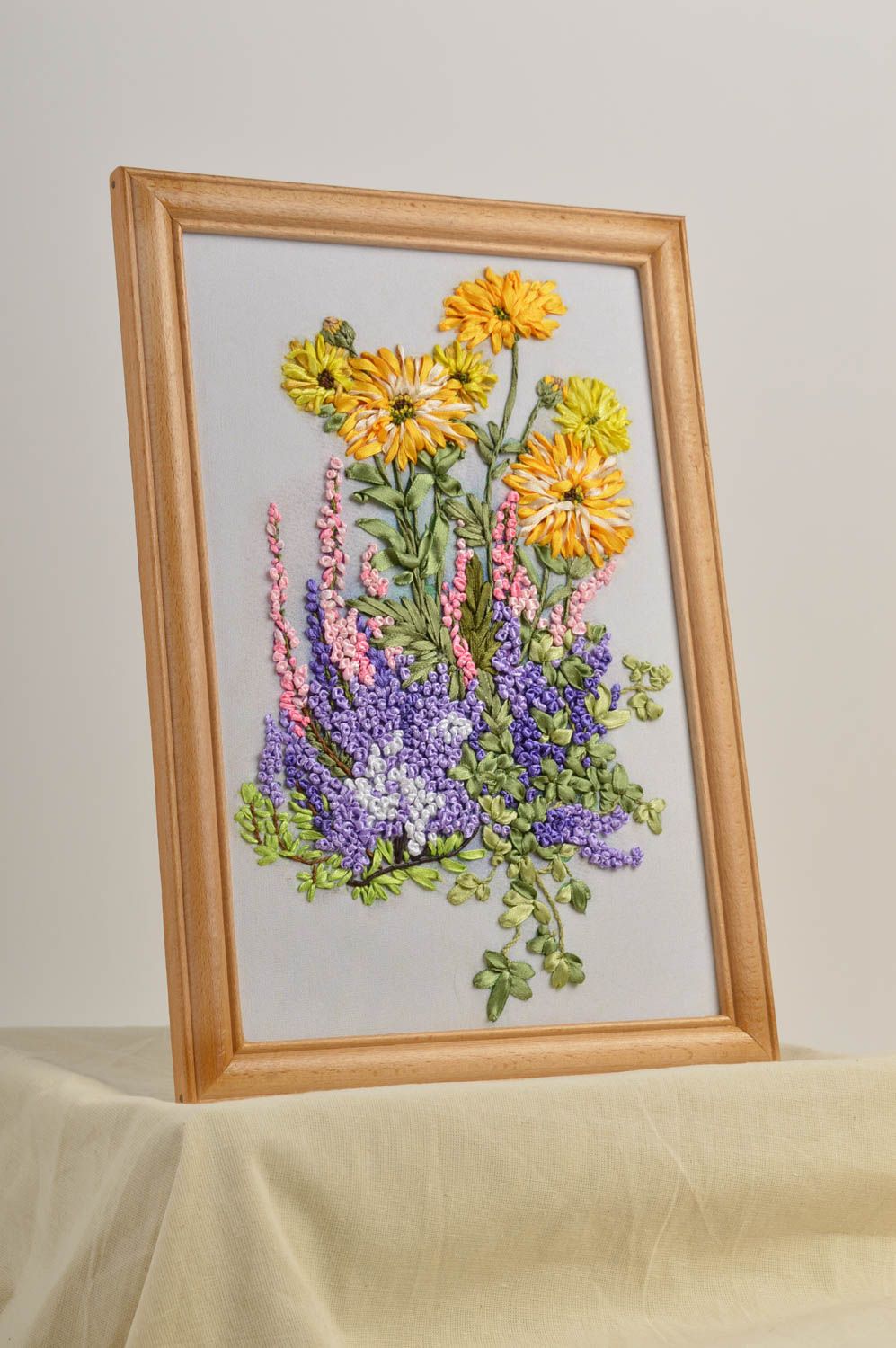 Deko Bild Gemälde modern handmade Stickbild mit Rahmen Papier Bild Blumen schön foto 1
