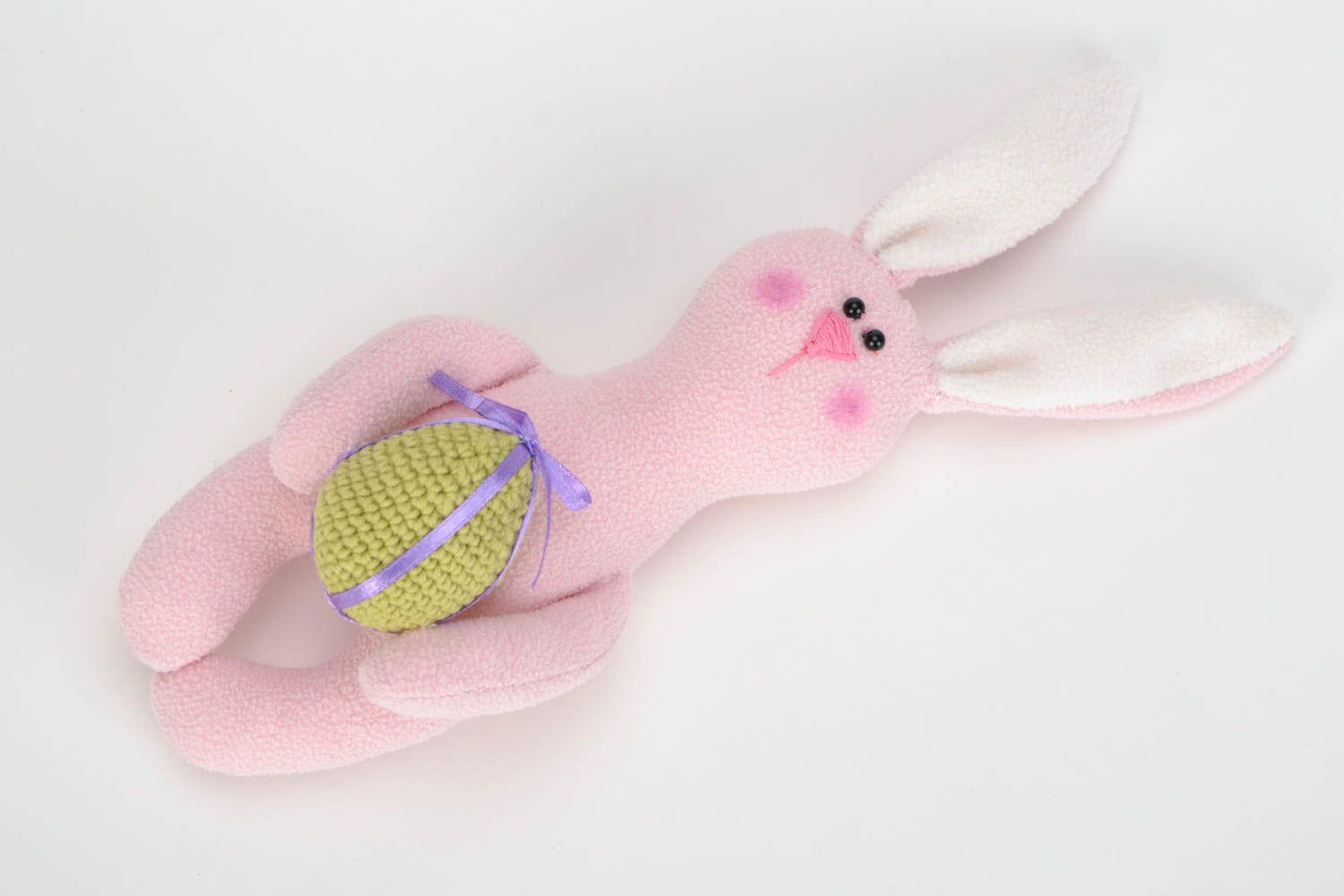 Текстильный заяц с яйцом игрушка ручной работы розовая на Пасху красивая фото 3