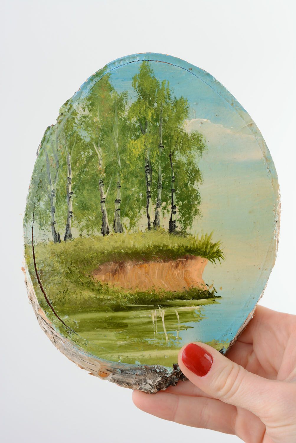 Tableau peint sur bois fait main de couleurs à l'huile avec paysage ovale photo 2