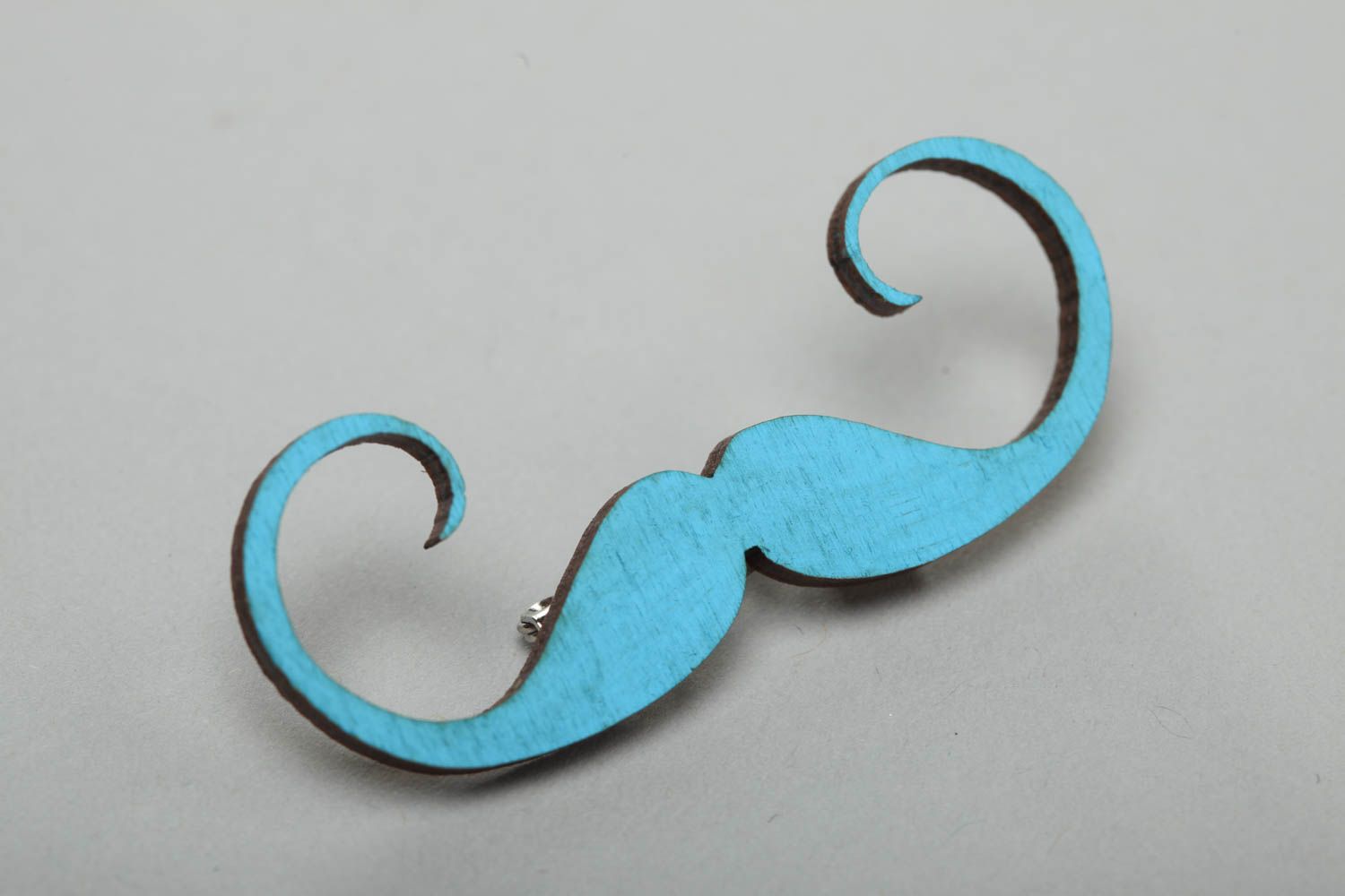 Blue plywood brooch painted with acrylics in the form of mustache hand made photo 2