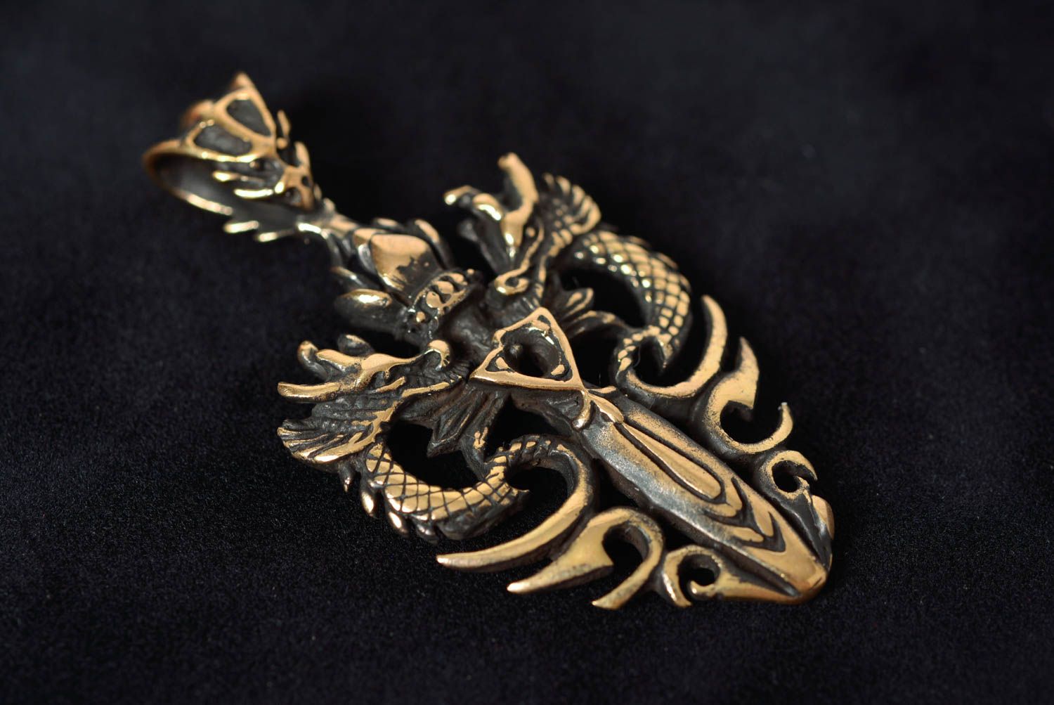 Handmade unisex cast bronze pendant in the shape of dragon sword unisex photo 2