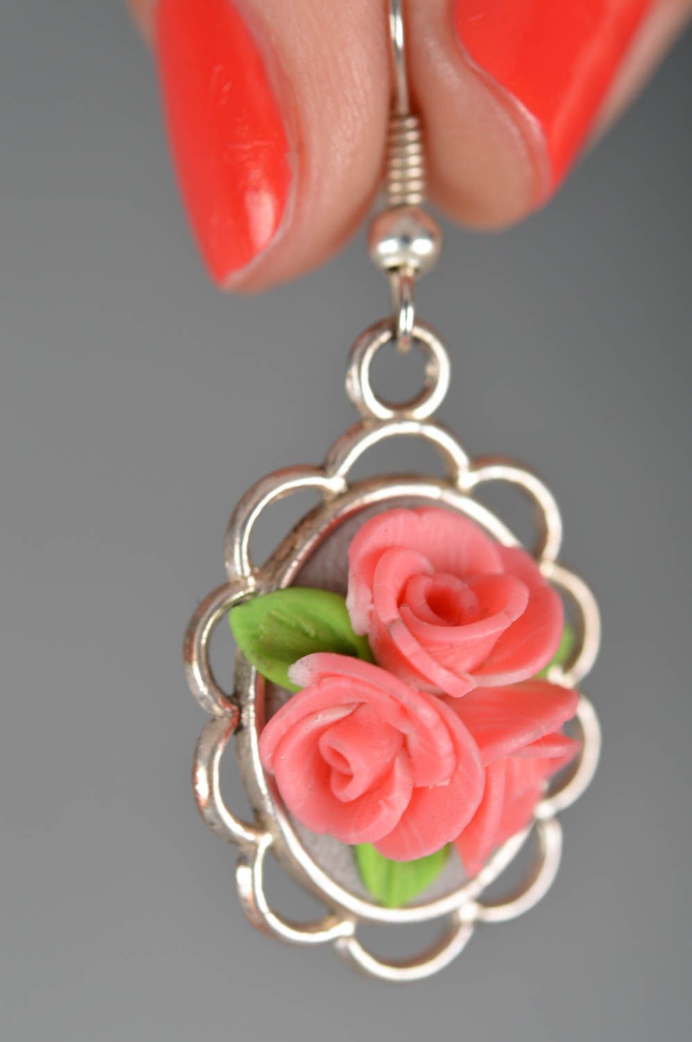 Polymer clay handmade designer earrings oval-shaped pink accessory with flowers photo 3