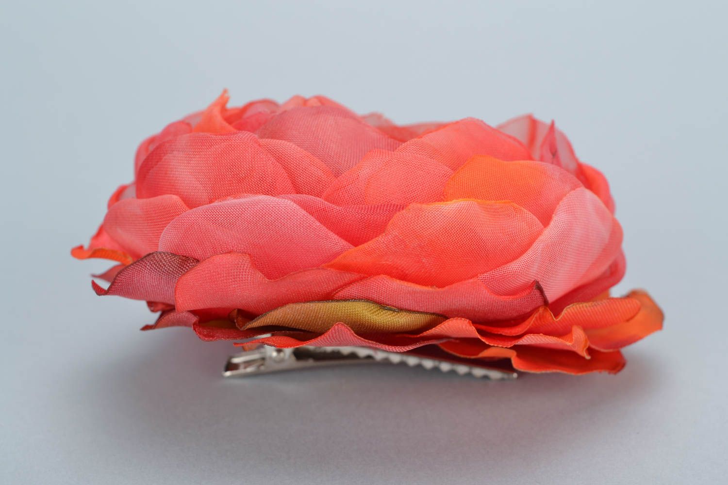Stylish handmade designer red organza fabric flower hair clip photo 5