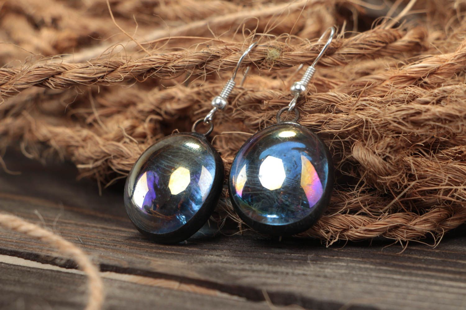 Handmade round glass and tin earrings unusual beautiful stylish design photo 1