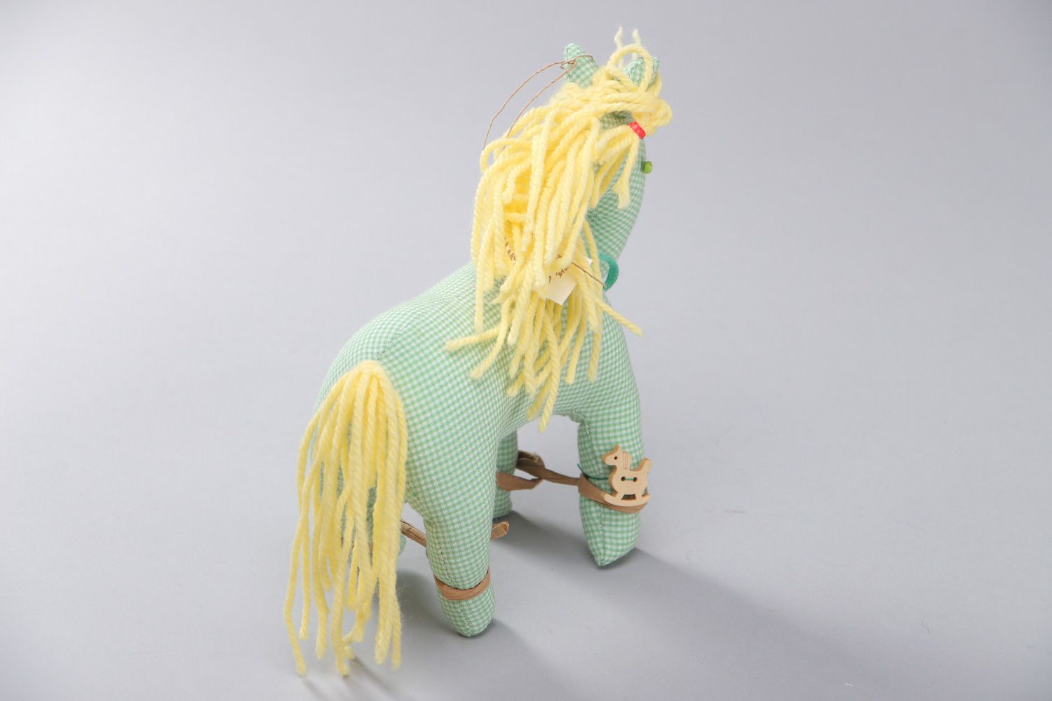 Handmade soft toy sewn of light green checkered cotton Horse with yellow mane photo 3