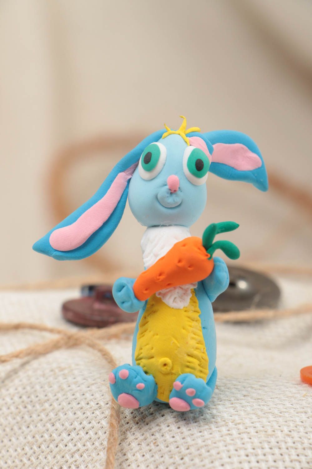 Funny handmade children's polymer clay statuette of blue hare photo 1
