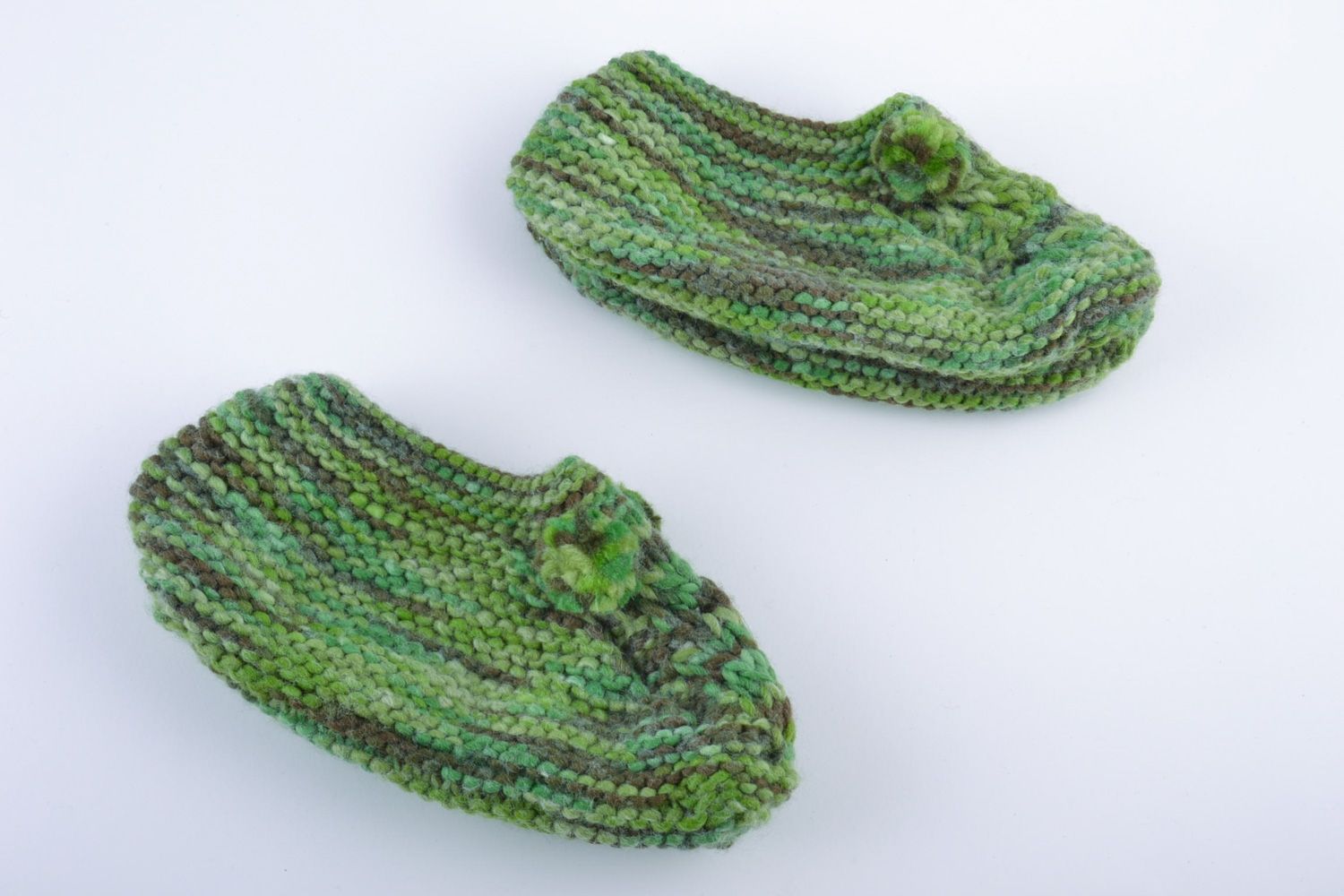 Handmade knitted half-woolen house slippers with pompoms of green color photo 4