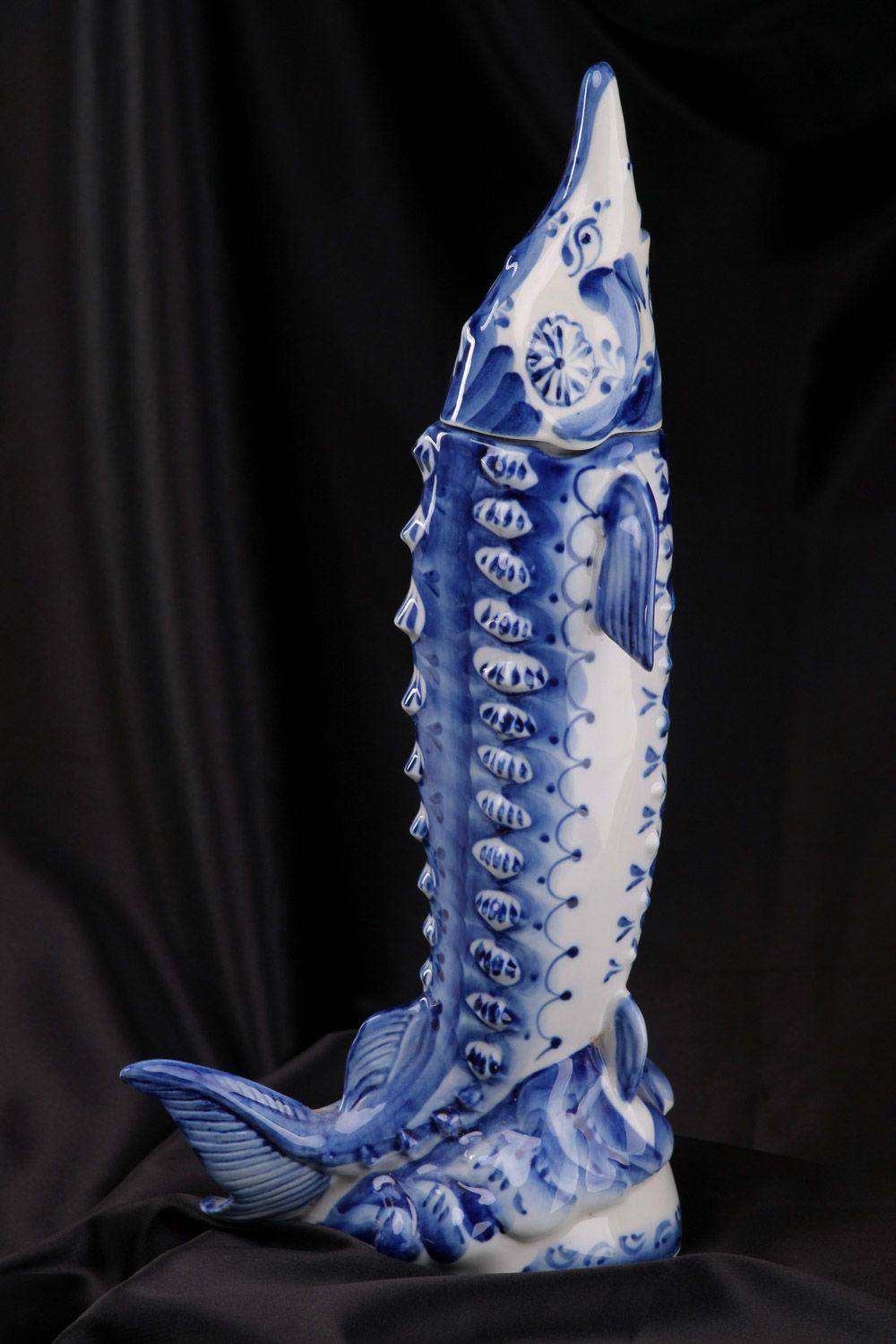 Handmade Gzhel painted porcelain bottle in the shape of fish for decor 1 l photo 5
