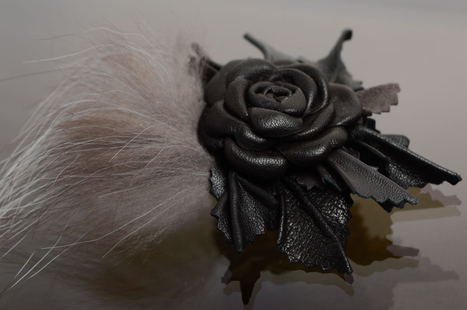 Handmade leather and fur brooch-hair clip Rose photo 1
