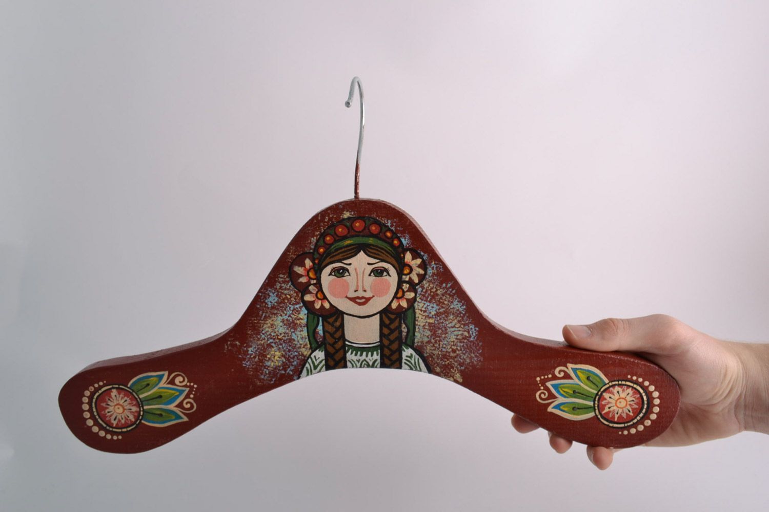 Handmade decorative wooden clothes hanger with girl and floral acrylic painting photo 5