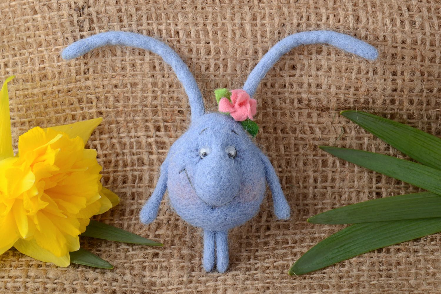 Handmade decorative fridge magnet felted of natural wool cute blue rabbit photo 1