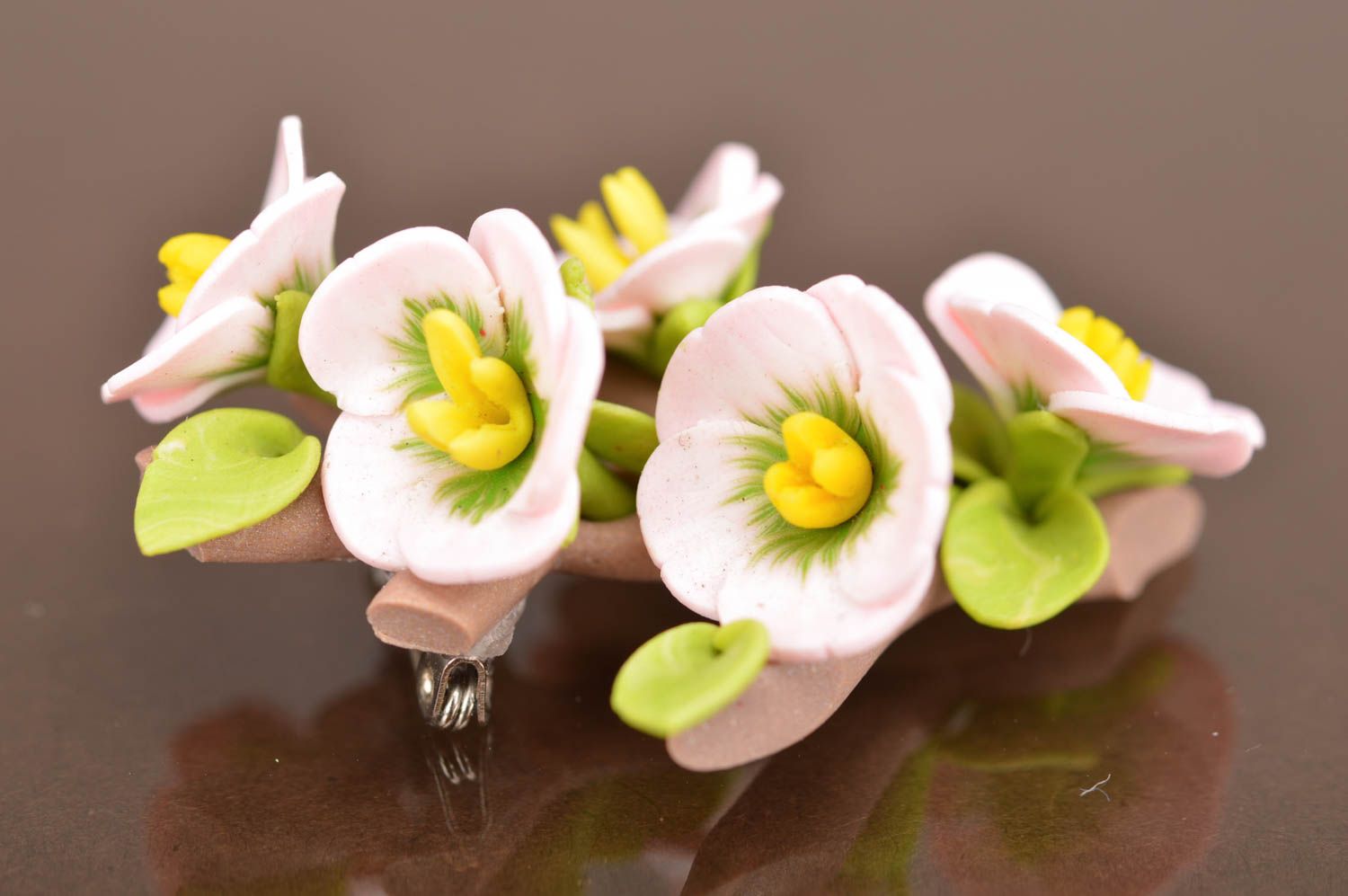 Handmade designer polymer clay brooch with tender pink tiny flowers photo 3