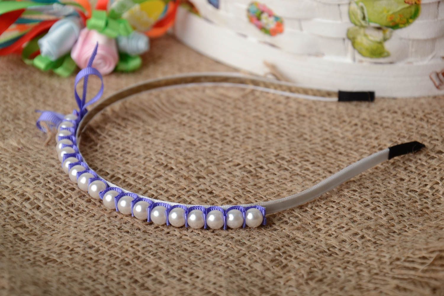 Handmade decorative thin elegant headband with plastic beads and ribbon photo 1