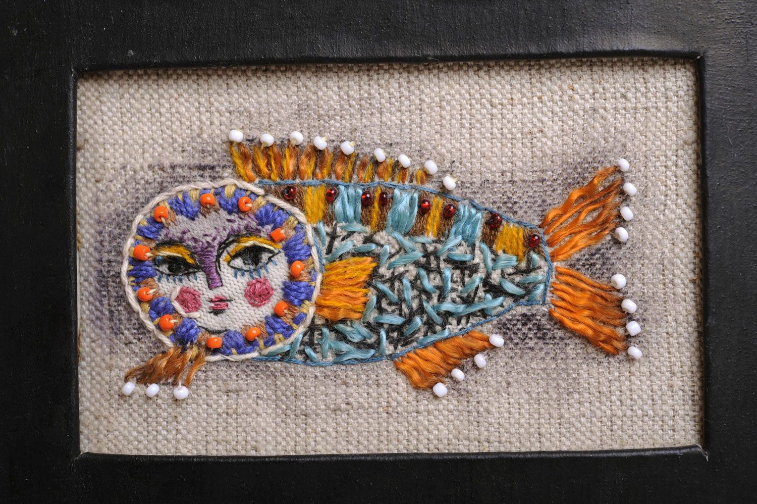 Painting with applique and embroidery Three Fishes photo 5