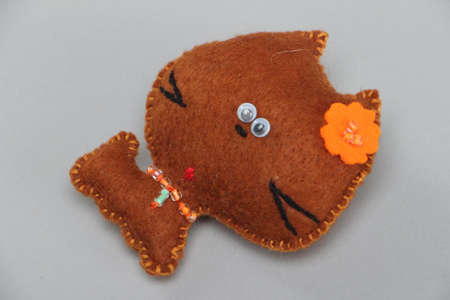 Handmade soft toy sewn of brown felt little kitten for interior decoration photo 2