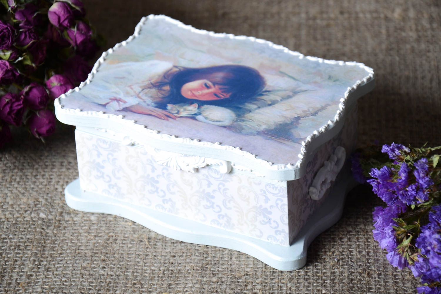 Boîte à bijoux fait main Boîte en bois image vintage serviettage Déco maison photo 1