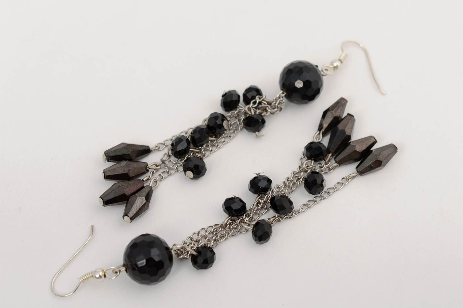 Handmade long dangle earrings with metal chains and black Czech crystal beads photo 5
