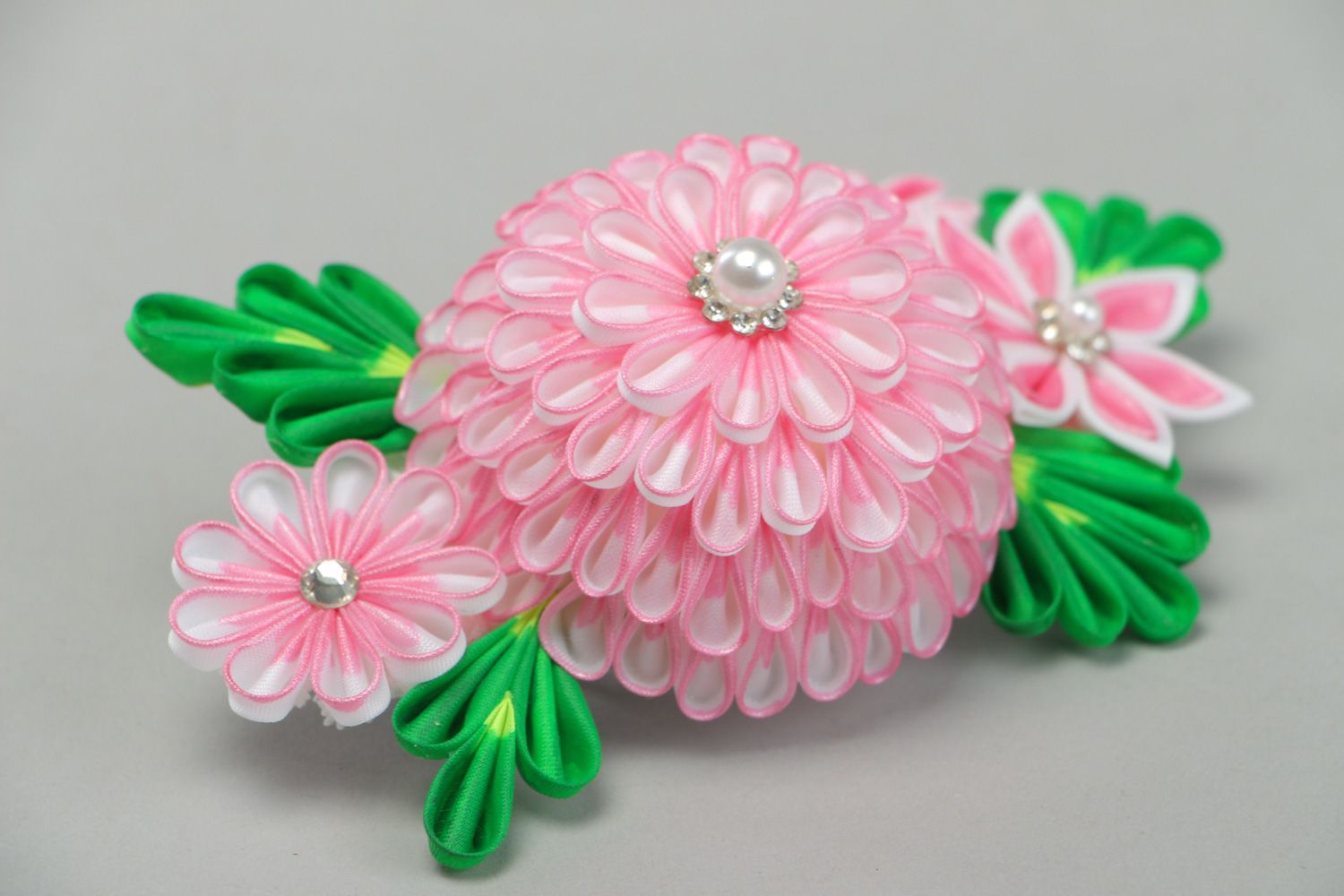 Handmade hair clip with large tender pink organza flower kanzashi technique photo 1