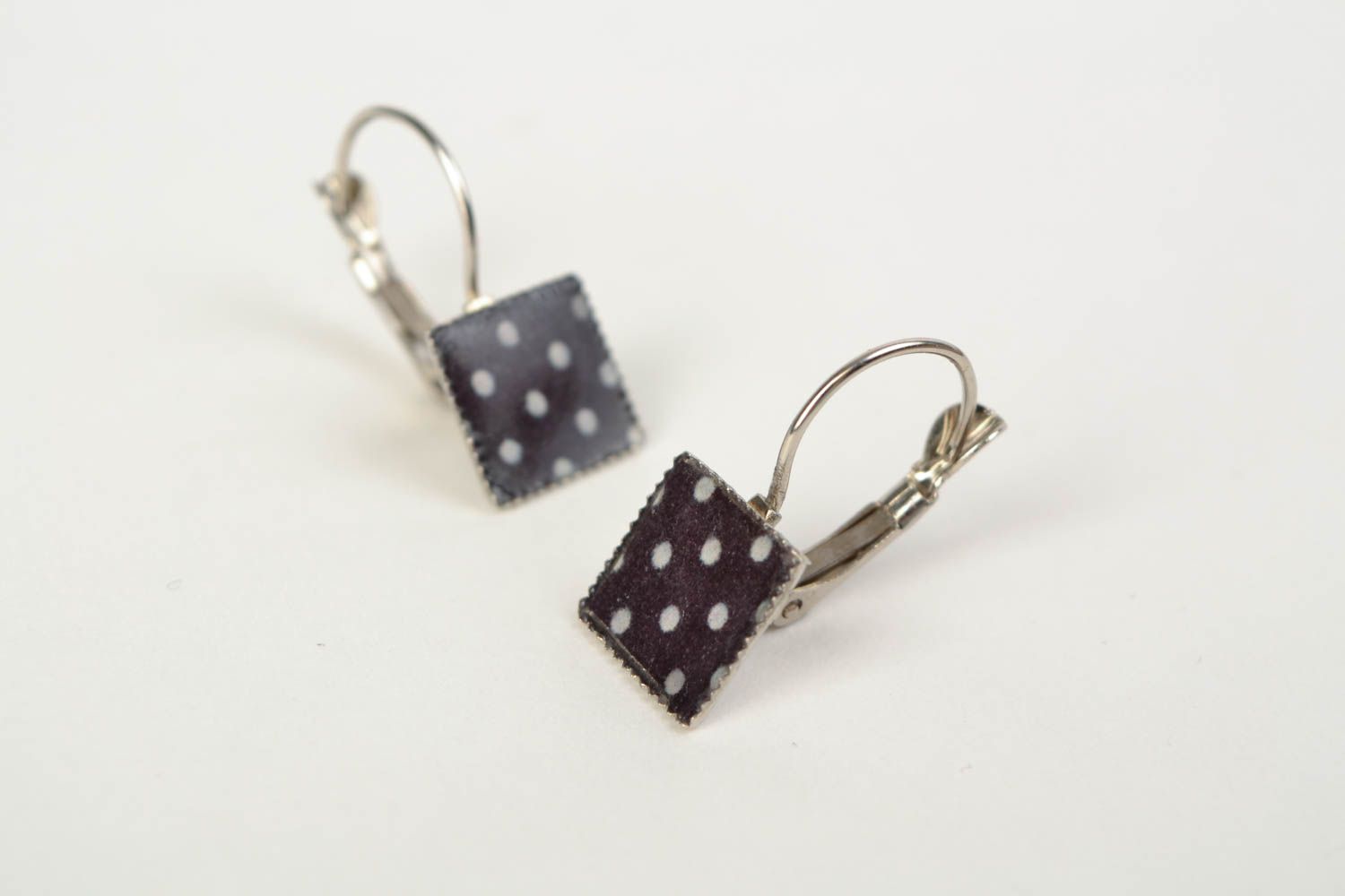 Handmade stylish earrings with jewelry resin of square shape with decoupage black with white photo 4