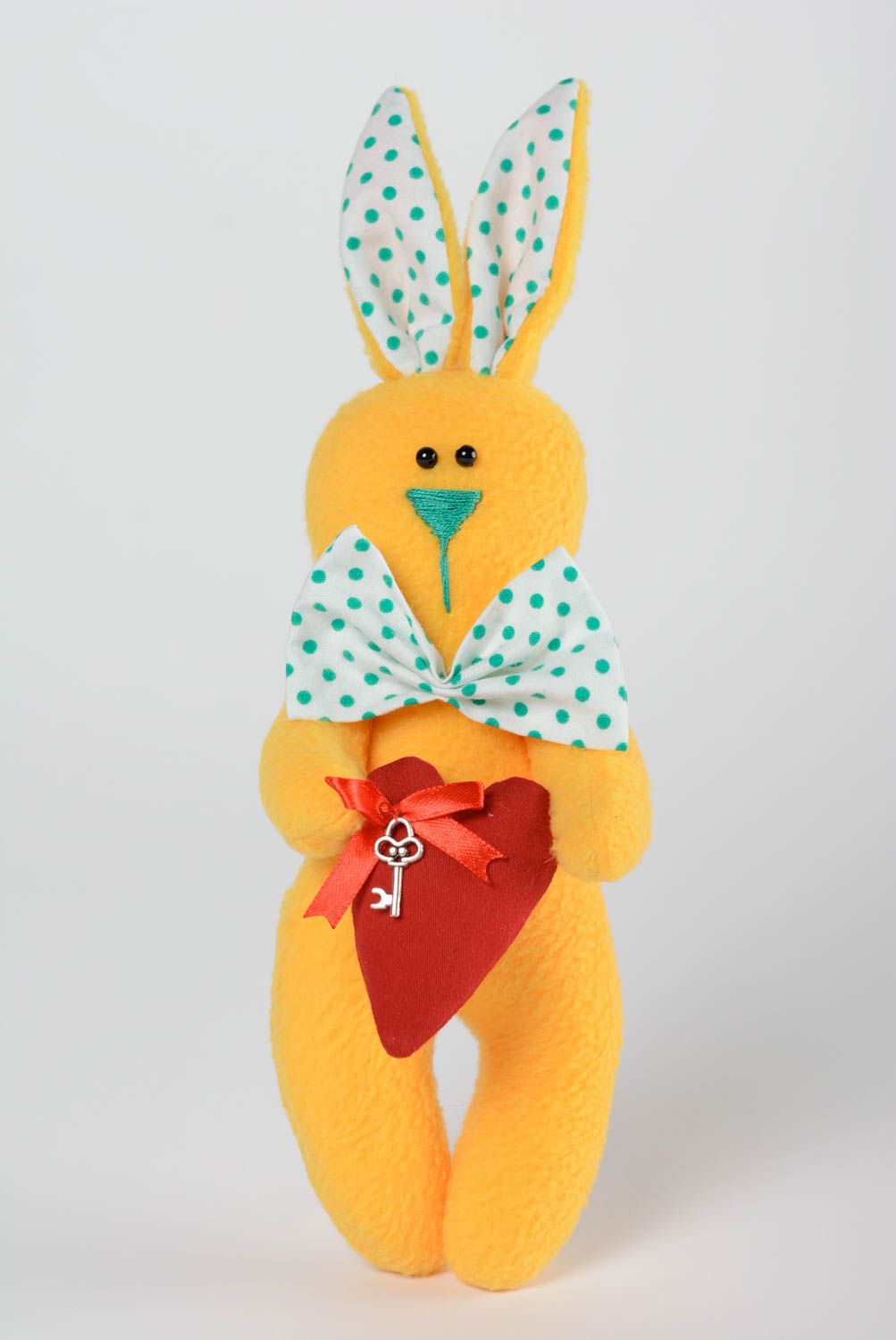 Handmade fleece fabric soft toy yellow rabbit with polka dot bow tie and heart photo 1