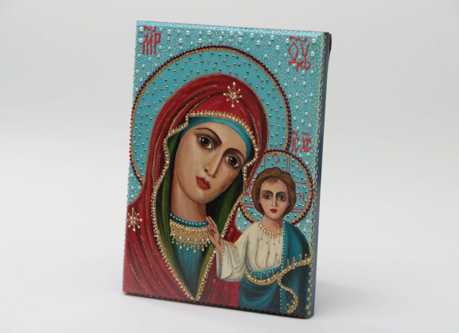 Handmade orthodox icon painted with gouache on wooden basis with rhinestones photo 2