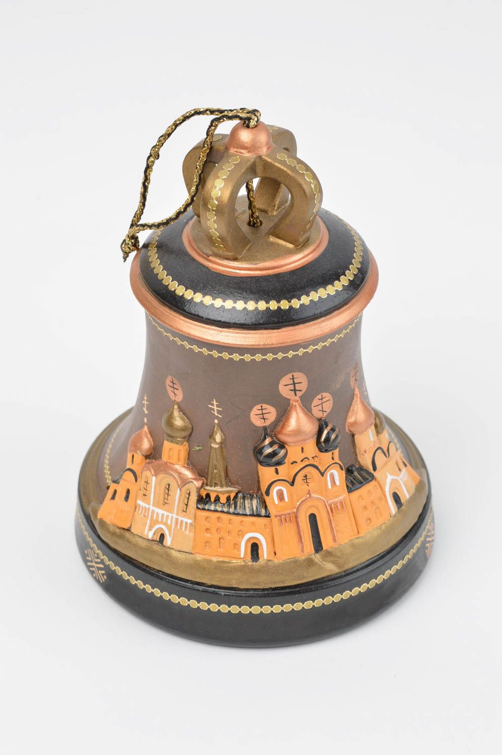 Глиняный церковный колокол расписной темно-коричневый красивый ручной работы фото 3