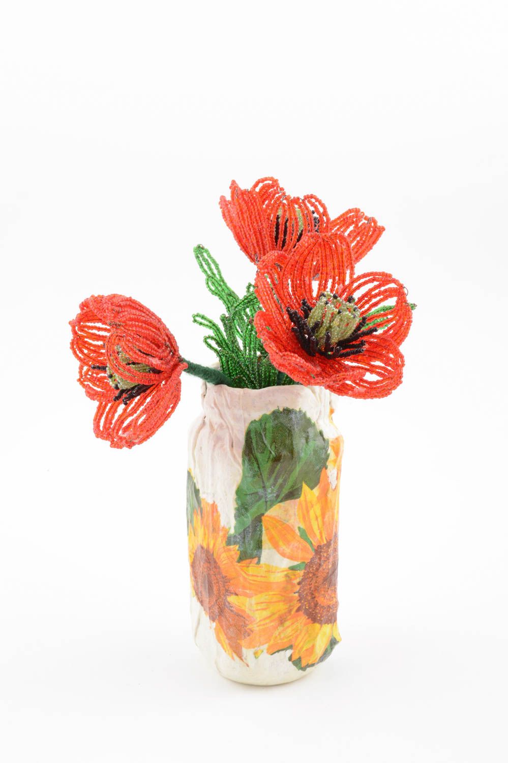 Оригинальная ваза с цветами из бисера ручной работы красивая букет маков фото 4